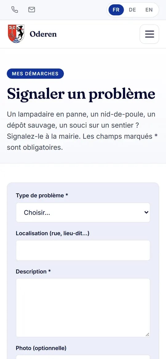 Capture d'écran d'oderen.live sur téléphone : signaler un problème, photo comprise