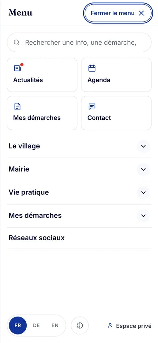 Capture d'écran d'oderen.live sur téléphone : le menu : grandes cases, recherche, bouton « fermer »